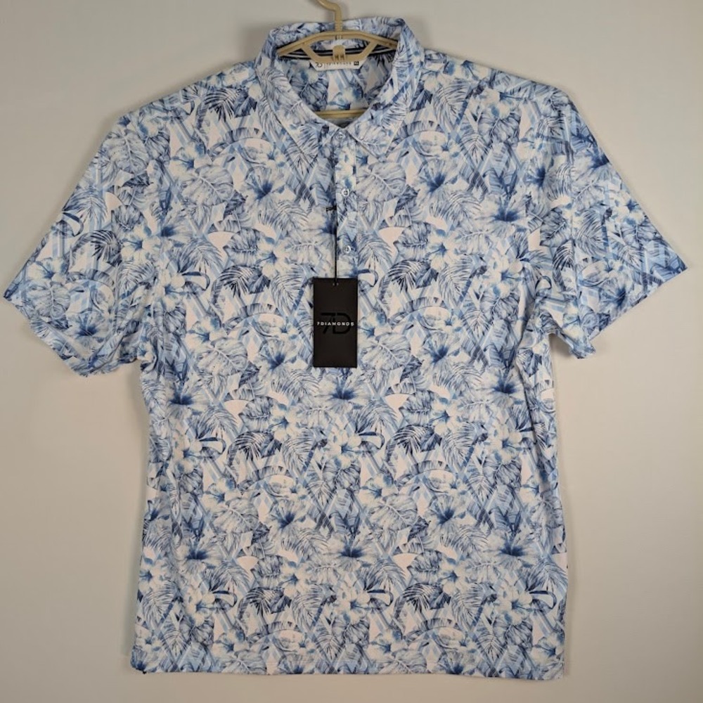 NEW 7Diamonds Torres Polo Shirt Mens XL Blue Tropical Floral 4-Way Stretch